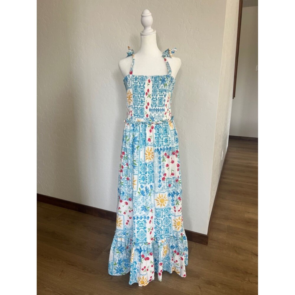 Bila Smocked Bodice Cherry Coastal Boho Patchwork Maxi Dress with Tie Straps L